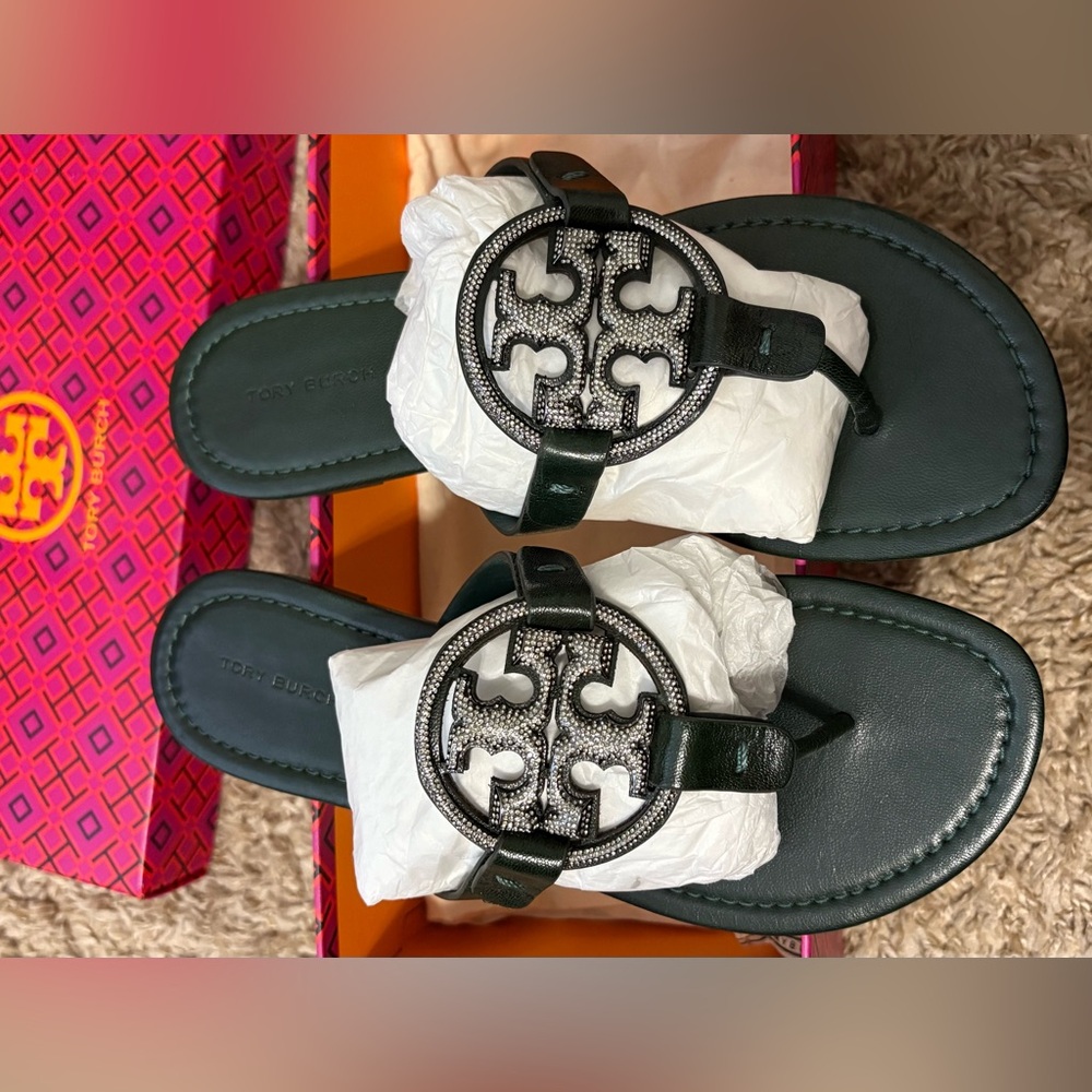 Tory Burch Green Sandals with Iconic rhinestone Logo - Picture 6 of 8